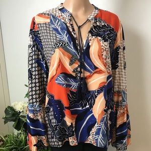 Jaase Tunic Boho Blouse Top Blue and Orange